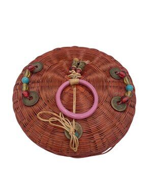 Vintage Red Wicker Sewing Basket Pink Handle & Beaded Accents Boho-Chic Home Dec